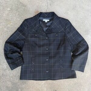 Pendleton Womens Black Plaid Windowpane Button Up Blazer Jacket Size 12